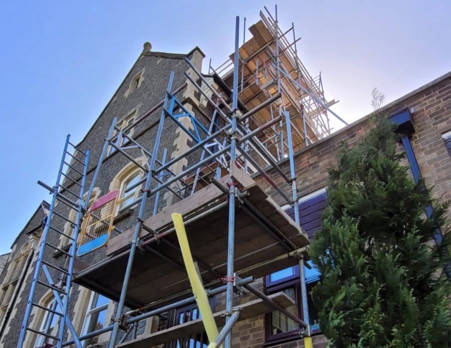 A large amount of scaffolding in place for a commercial building project